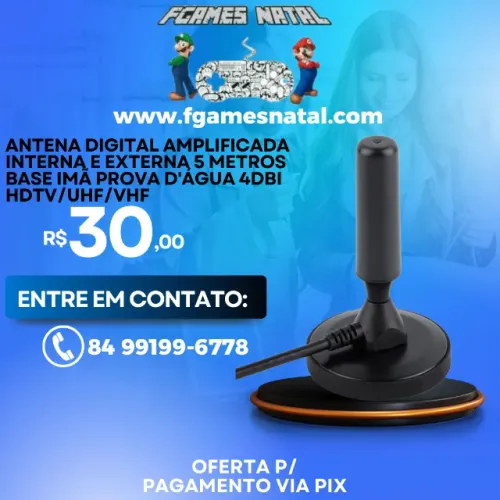 Antena Digital Amplificada Interna e Externa 5 Metros Base Imã Prova d'água 