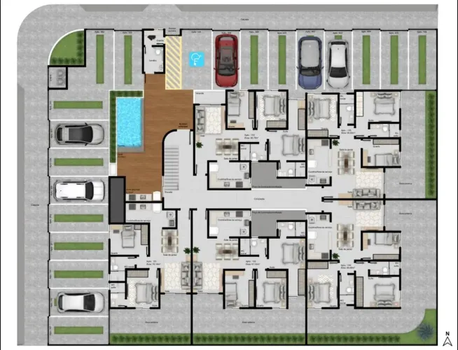 Térreo com varanda, 03 quartos, Prédio com Piscina