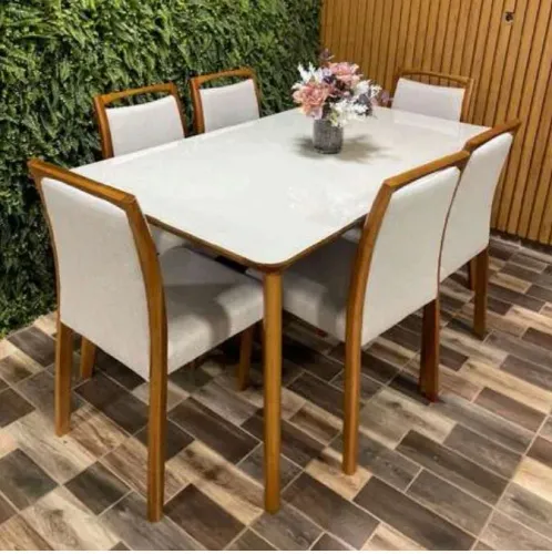Conjunto de mesa com 6 cadeiras linho bege