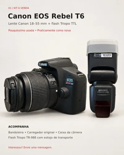 Canon Rebel T6 + Lente 18-55 mm + Flash Triopo TTL e Acessórios | Pouquíssimo Usada