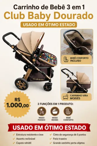 Carrinho de Bebê Europeu 3 em 1 Club Baby Dourado