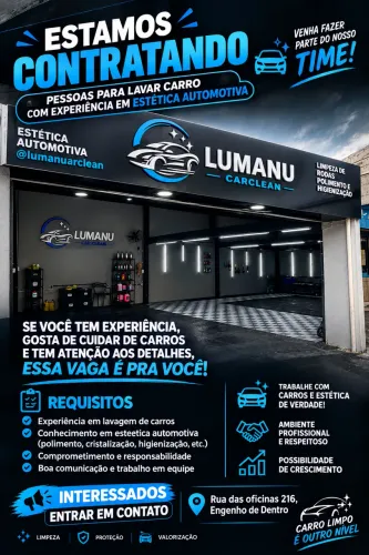 Vaga para lavador de carro com experiência em estética automotiva