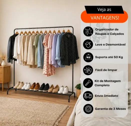 Organizador De Roupas Home De Chão Grande Metal Desmontável