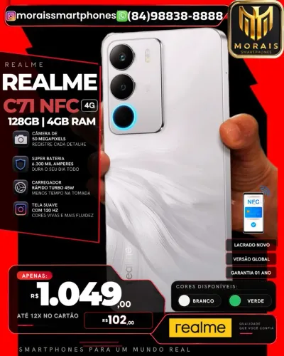 Realme C71 NFC - 128GB | 4GB RAM - Verde, Branco - GARANTIA 01 ANO | NOVO