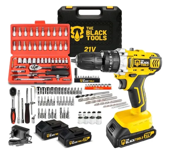 Parafusadeira/Furadeira Sem Fio 21V The Black Tools - Kit Completo com 2 Baterias