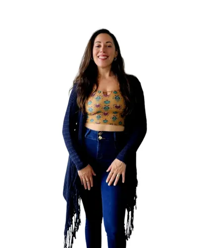 Kimono Feminino Tricô Azul Marinho com Franjas Tam M