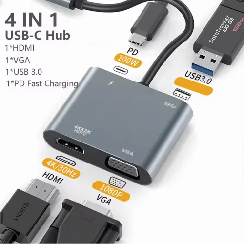 Hub 4 em 1 VGA, HDMI, USB, Tipo C