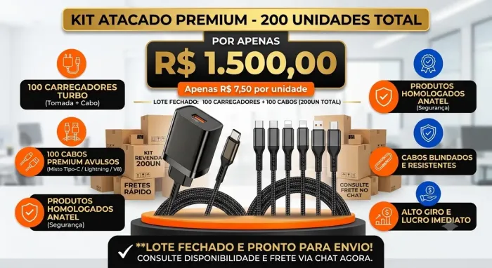 LOTE ATACADO: 100 Carregadores Turbo + 100 Cabos Premium