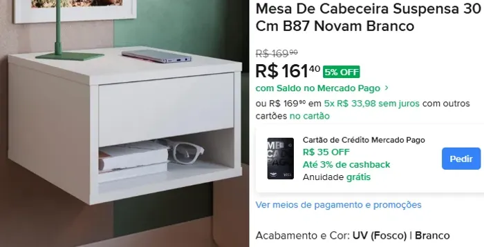 Mesa De Cabeceira Suspensa 30 Cm B87 Novam Branco