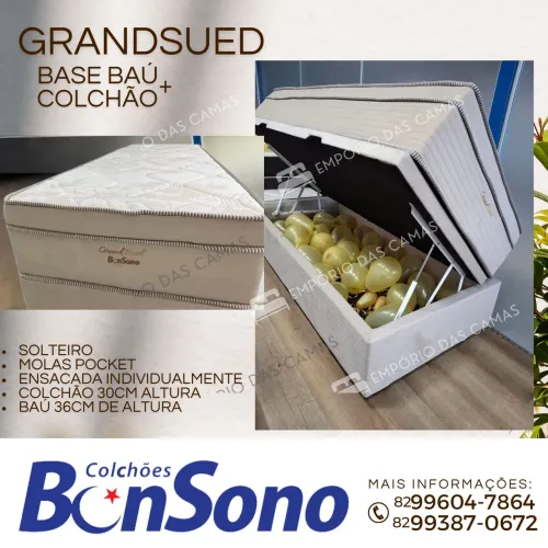 Cama baú solteiro grande Sued Bonsono base baú e colchão