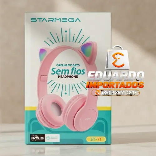 Fones de Ouvido sem fio Bluetooth 5.3 com Luzes Coloridas estilo Gatinho CAT com orelhas