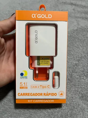 Carregador Turbo A'Gold 3 USB Tipo-C Rápido com Cabo 1m