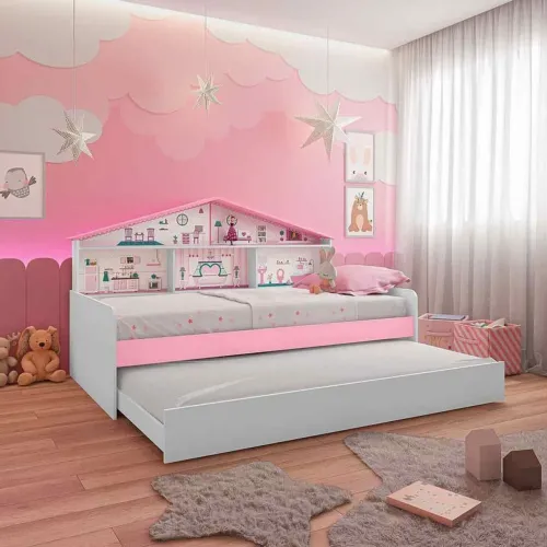 Cama Infantil Casa De Boneca Com Cama Auxiliar E Luz/led Pura Magia Rosa | Usado