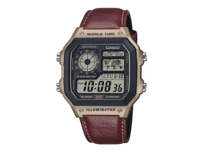 Relógio Casio Royale World Time Ae-1200wh-5avcf. Couro!