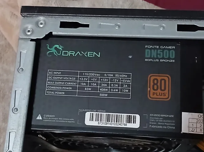 Fonte ATX Draxen DN500 500W 80 Plus Usado e Funcionando
