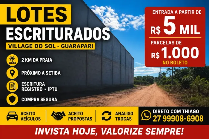 LOTES ESCRITURADOS EM GUARAPARI | 2 KM DA PRAIA DE SETIBA |R$ 5 MIL DE ENTRADA, pego carro