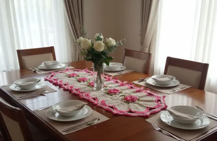 Caminho de mesa com flores em crochê artesanal feito a mão