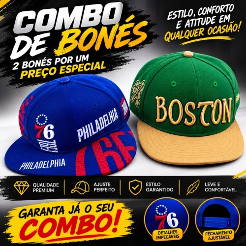 Combo 2 Bonés Aba Reta (Philadelphia 76ers + Boston Celtics)