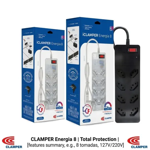 Filtro de Linha iCLAMPER Energia 8 com Proteção contra Surtos Elétricos(DPS) 8 Tomadas.