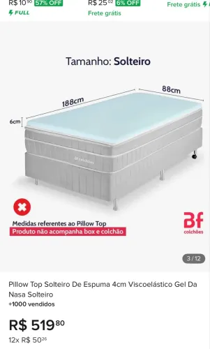 Pillow Top Solteiro De Espuma 4cm Viscoelástico Gel Da Nasa Solteiro