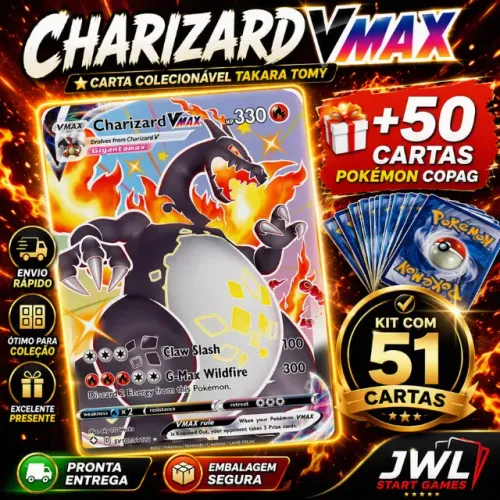 Charizard VMAX Takara Tomy Carta Colecionável Japonesa + 50 Cartas Pokémon Copag Originais