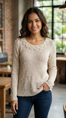 BLUSA FEMININA  TRICOT INVERNO COM PEROLA NA GOLA