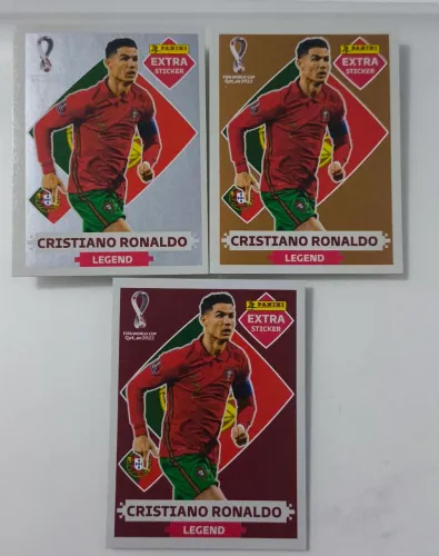 3 legends do Cristiano Ronaldo, originais Panini, prata, bronze e bordô.