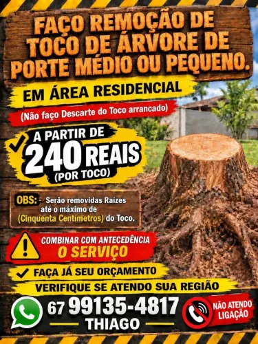FAÇO REMOÇÃO DE TOCO DE ÁRVORE. CONTATO PARA ORÇAMENTO E INFORMAÇÕES NO ANÚNCIO! 