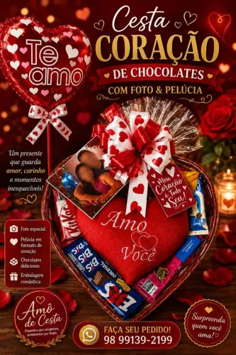 Cesta Coração de Chocolates Com Foto, Pelúcia, Mensagem e Balão.