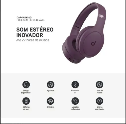 Fone De Ouvido Headphone Dapon H02D Bluetooth 5.1 Over-ear 22h 