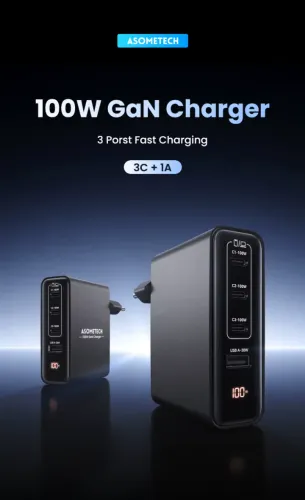 Carregador Turbo Asometech 100W Gan 4 Portas 3C 1A