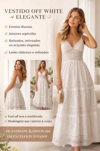 Vestido longo Branco em tecido leve e renda 