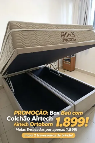Conjunto box baú casal e colchão airtech Ortobom molas ensacadas promoção.