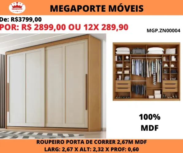 Guarda Roupa Casal MDF Portas de Correr