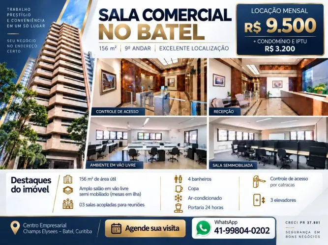 Andar/laje corporativa no Batel para locação possui 156 m2 (em meio andar)  com  4 salas