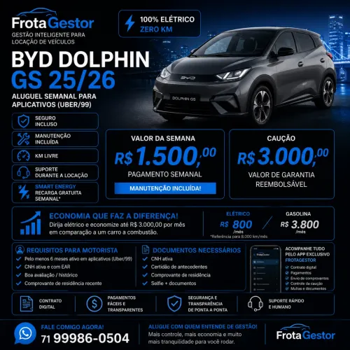 BYD Dolphin GS Elétrico | Uber e 99 | Contrato | Seguro | Plataforma Exclusiva