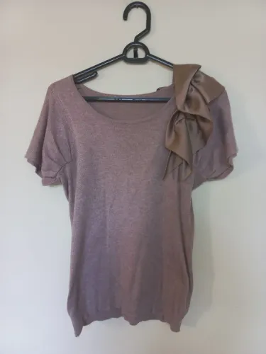 Blusa  Laço Babado Lateral Malha Cashmere Mescla Blusinha Marrom Claro