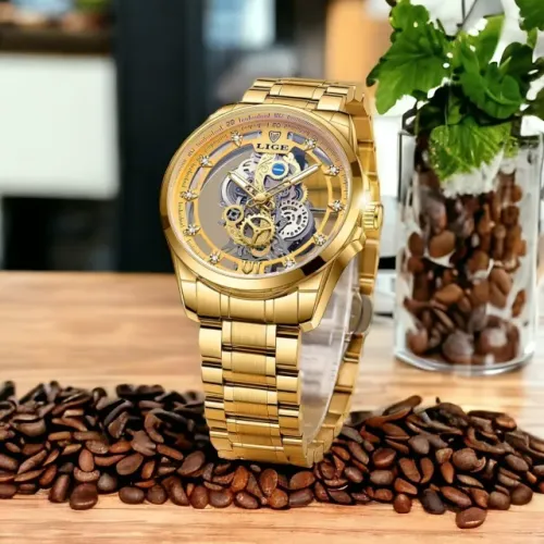 Relógio Luxo Masculino Skeleton Lige 8997 Dourado
