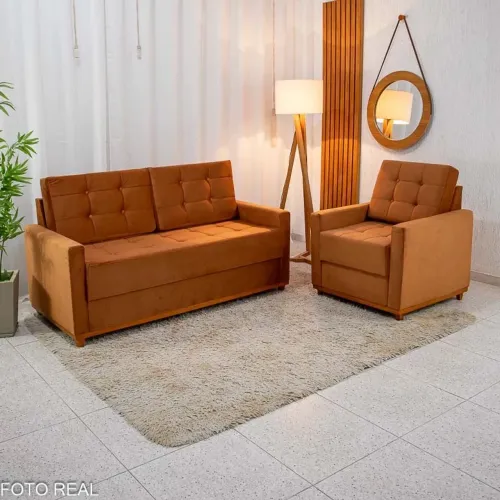 Sofá Áustria 3 Lugares + Poltrona Áustria Veludo Terracota- Produto Novo 