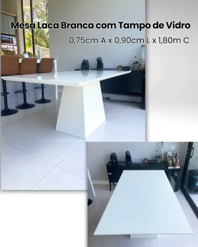 Mesa de Jantar em Laca Branca com Tampo de Vidro