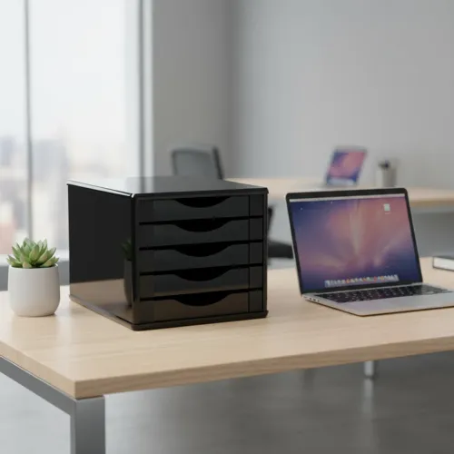 Caixa Arquivo Gaveteiro de Mesa 5 Gavetas Madeira MDF Preto Black Piano