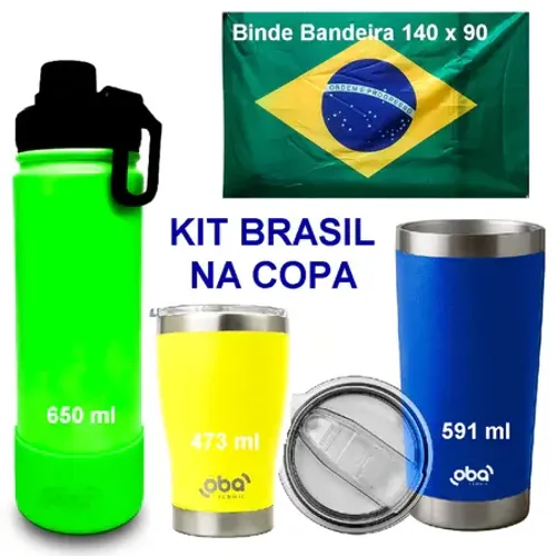 Kit Térmico Inox Brasil 3pçs Copo 591ml 473ml + Garrafa 650ml Gelado/Quente + Bandeira 