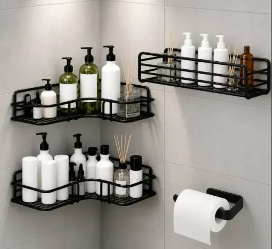 Suporte de Banheiro em Aramado Preto kit com 4 peças - NOVO
