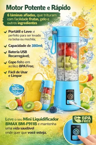 Liquidificador Mixer Portátil 6 lâminas inox, vol 380ml.