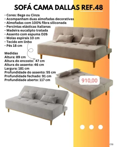 Sofá cama Dallas Linho cinza ou Bege / pague na entrega