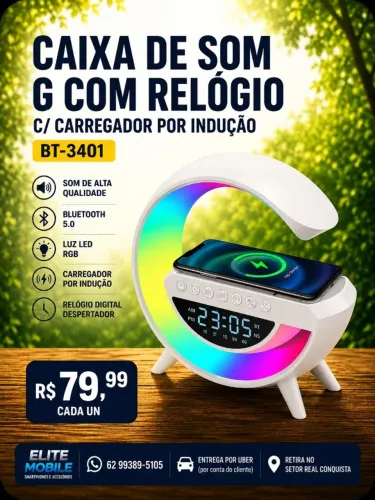 Caixa de Som Bluetooth G com Relógio e Carregador por Indução BT-3401