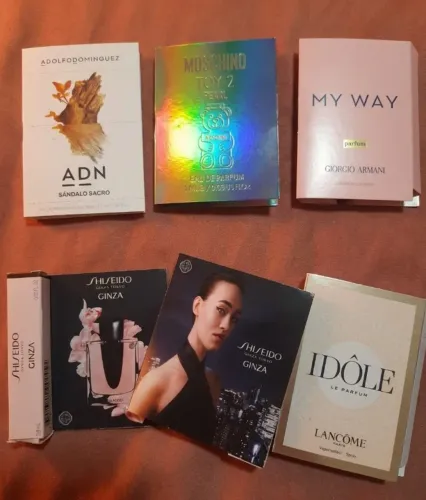 3 por R$ 89,00 amostras de perfumes moschino giorgio armani lancôme shiseido adolfo doming