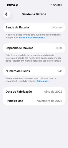 iPhone 16 verde - Bateria 99% (Apenas 241 Ciclos) - Impecável!