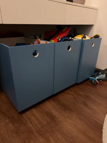 Kit 3 caixotes de madeira lamina mdf azul para guardar brinquedos