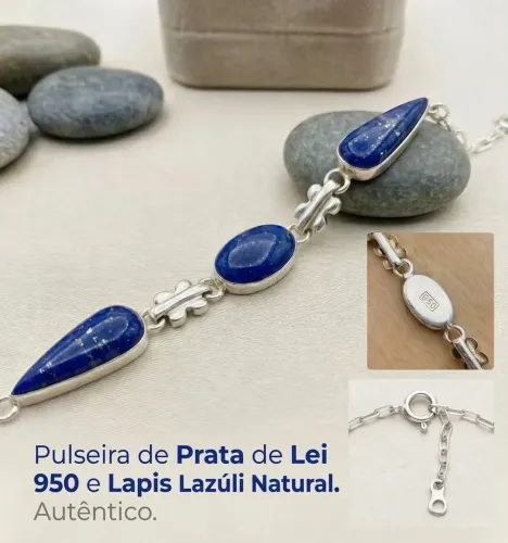 Pulseira Antiga em Prata 950 e Pedra Lápis-Lazúli Natural Legítima